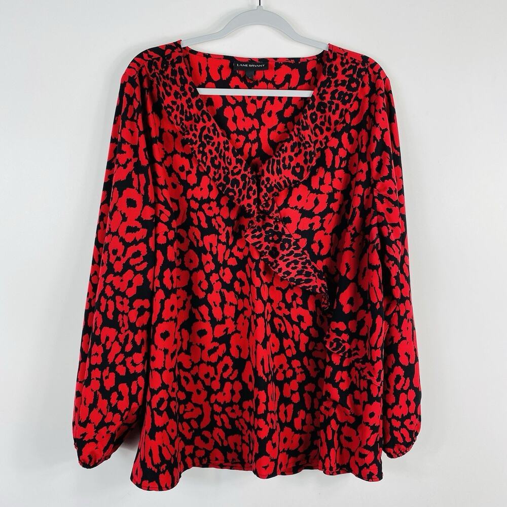 Lane Bryant Top 20 Animal Print Long Sleeve Ruffle Neck Blouse Red Black